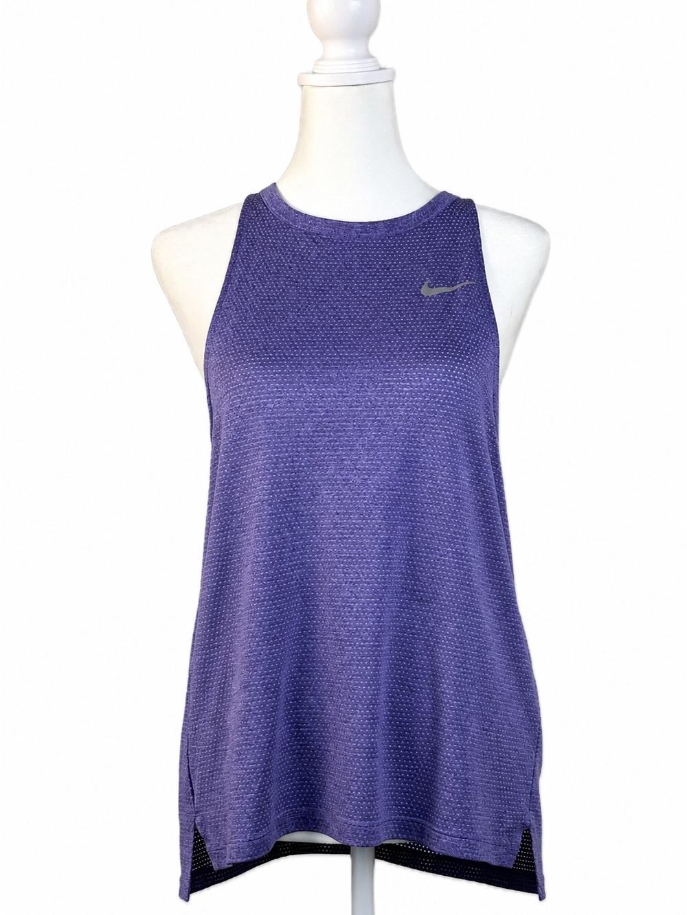 NIKE High Neck Open Back DriFit Training Tank, Purple with Silver Swoosh. Small